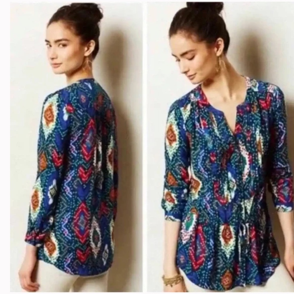 Maeve Anthropologie Ikat Print Pintuck Blouse Top